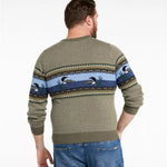 A man viewed from the back wearing a knitted crewneck sweater with a green base and a horizontal pattern band featuring ducks, blue water, and geometric borders, paired with blue jeans against a white studio background.