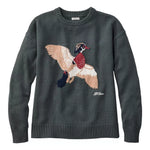A dark gray knit crewneck sweater featuring a large, detailed knitted graphic of a flying duck on the front, with a small white script logo near the lower right of the duck.