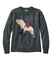 A dark gray knit crewneck sweater featuring a large, detailed knitted graphic of a flying duck on the front, with a small white script logo near the lower right of the duck.