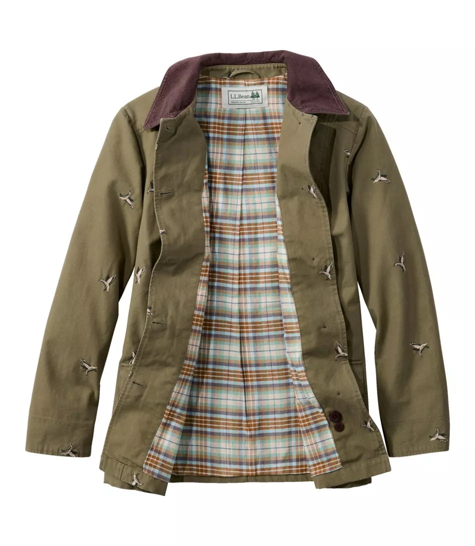 An olive green utility jacket with a dark plum corduroy collar, featuring small embroidered bird motifs on the sleeves and a colorful plaid lining.