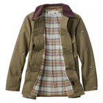 An olive green utility jacket with a dark plum corduroy collar, featuring small embroidered bird motifs on the sleeves and a colorful plaid lining.