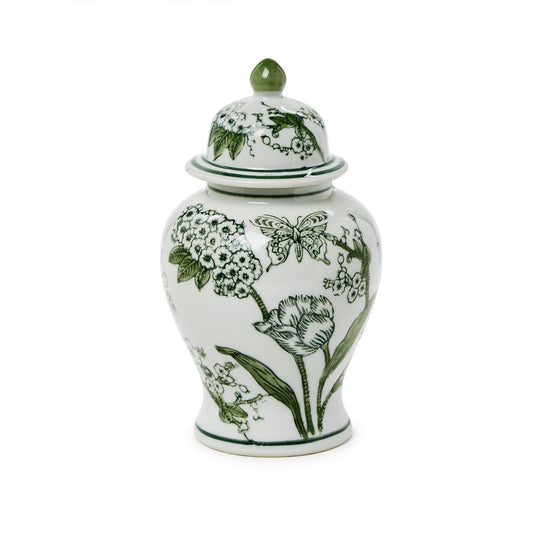 Primorose and Lotus 8" Hand-Painted Green and White Chinoiserie Jar with Lid