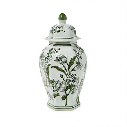 Primrose and Lotus 14" Hand-Painted Green and White Chinoiserie Hexogonal Temple Jar