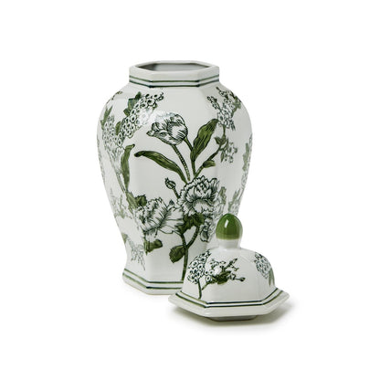 Primrose and Lotus 14" Hand-Painted Green and White Chinoiserie Hexogonal Temple Jar