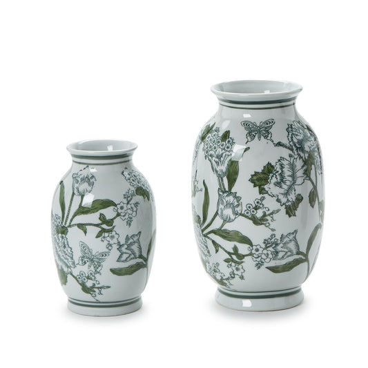 Primrose and Lotus Hand-Painted Green and White Chinoiserie Vases