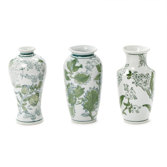 Primrose and Lotus Hand-Painted Green and White Chinoiserie Vases