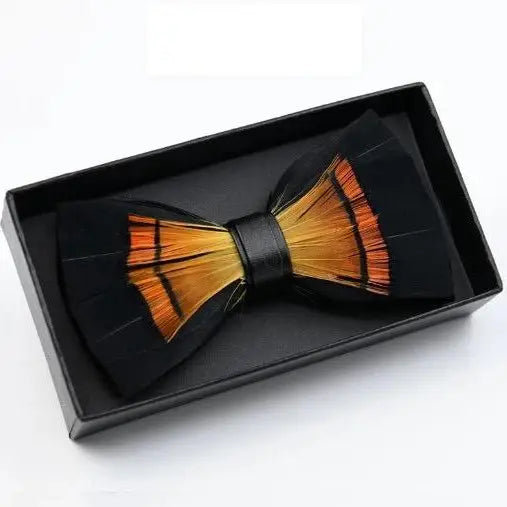 Handmade Black Orange Feather Bowtie