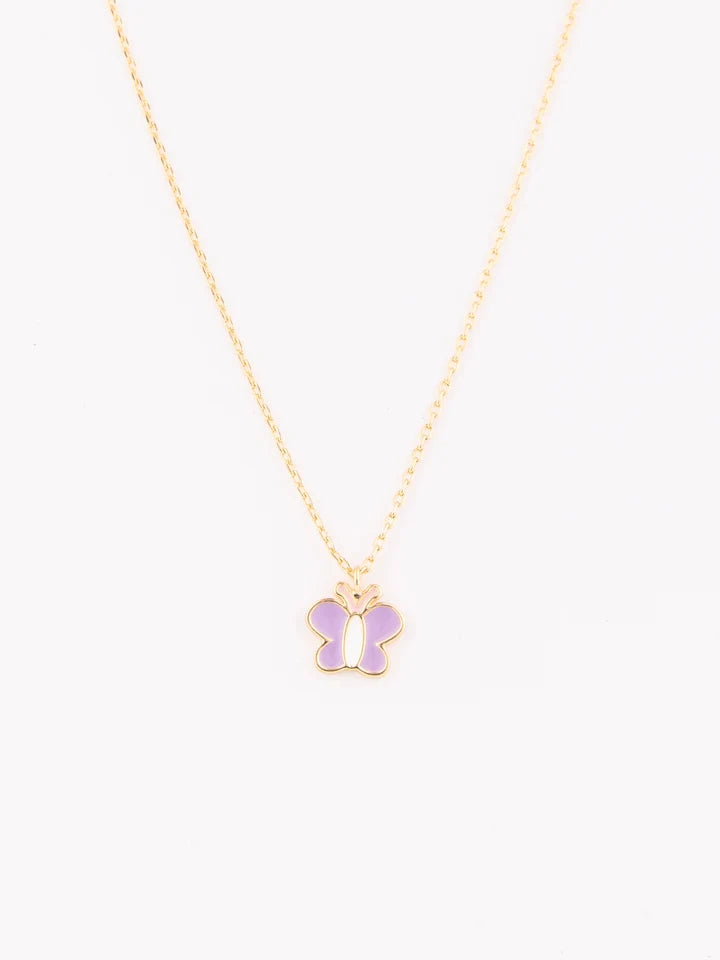 A delicate gold chain necklace featuring a butterfly pendant with light purple enamel inlay and a gold border, displayed against a clean white background.