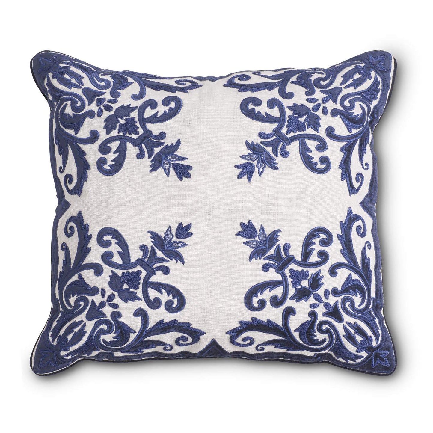20 Inch Royal Blue Velvet and Linen Embroidered Pillow