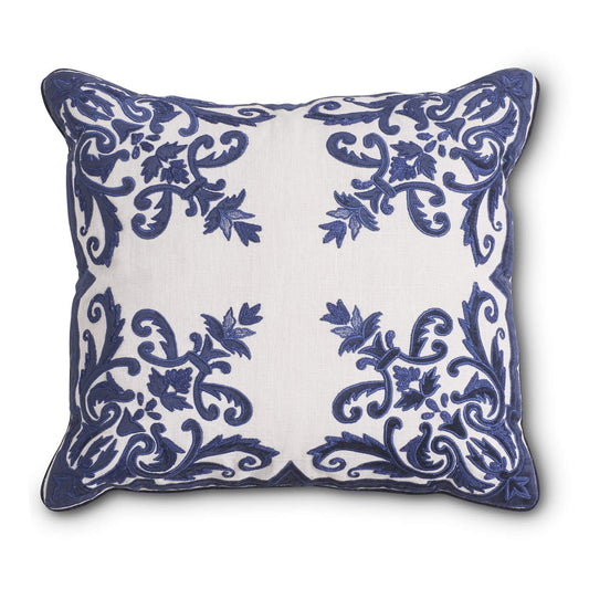 20 Inch Royal Blue Velvet and Linen Embroidered Pillow