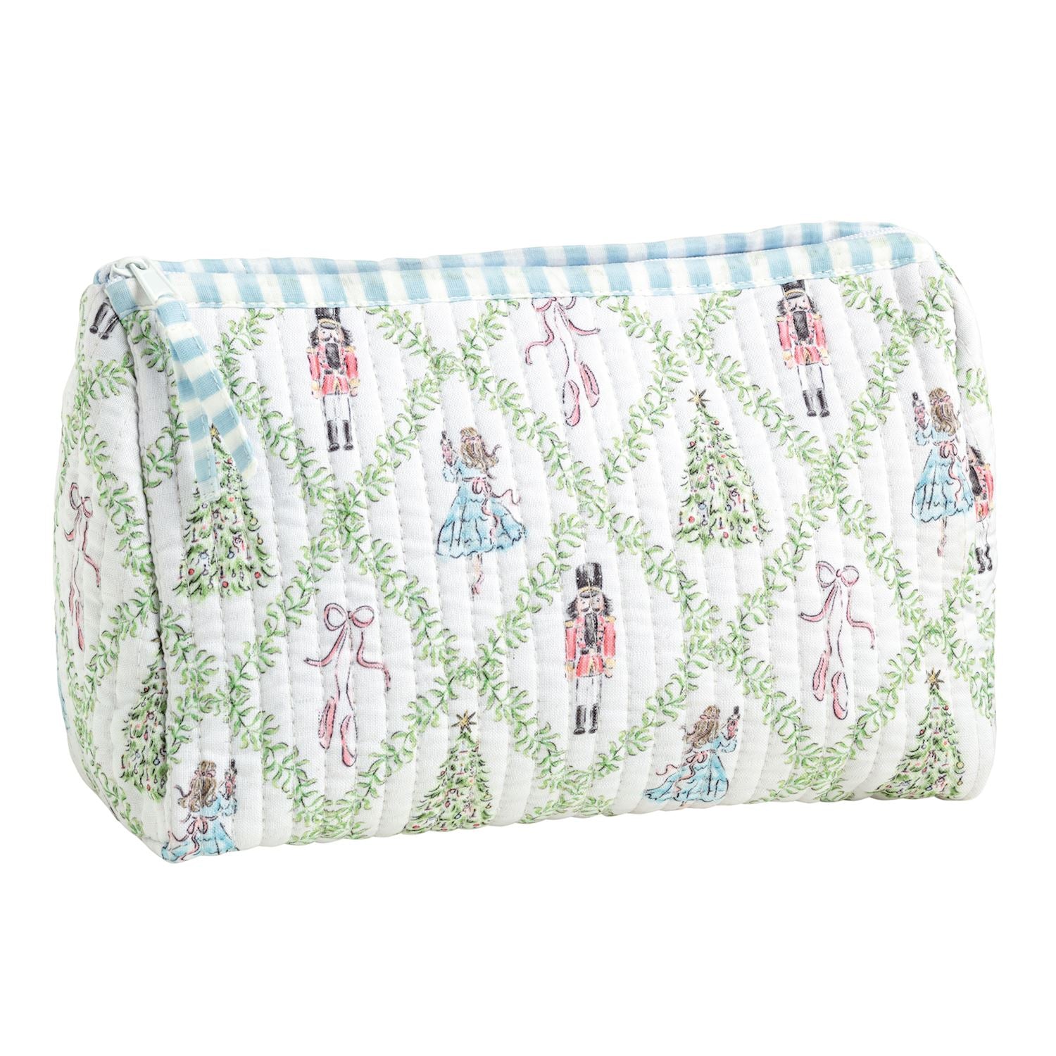 Cosmetic bag with decorative pattern on a white background