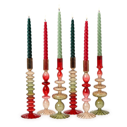 Set of 2 Holiday Ombre Hand-Blown Glass Candlesticks