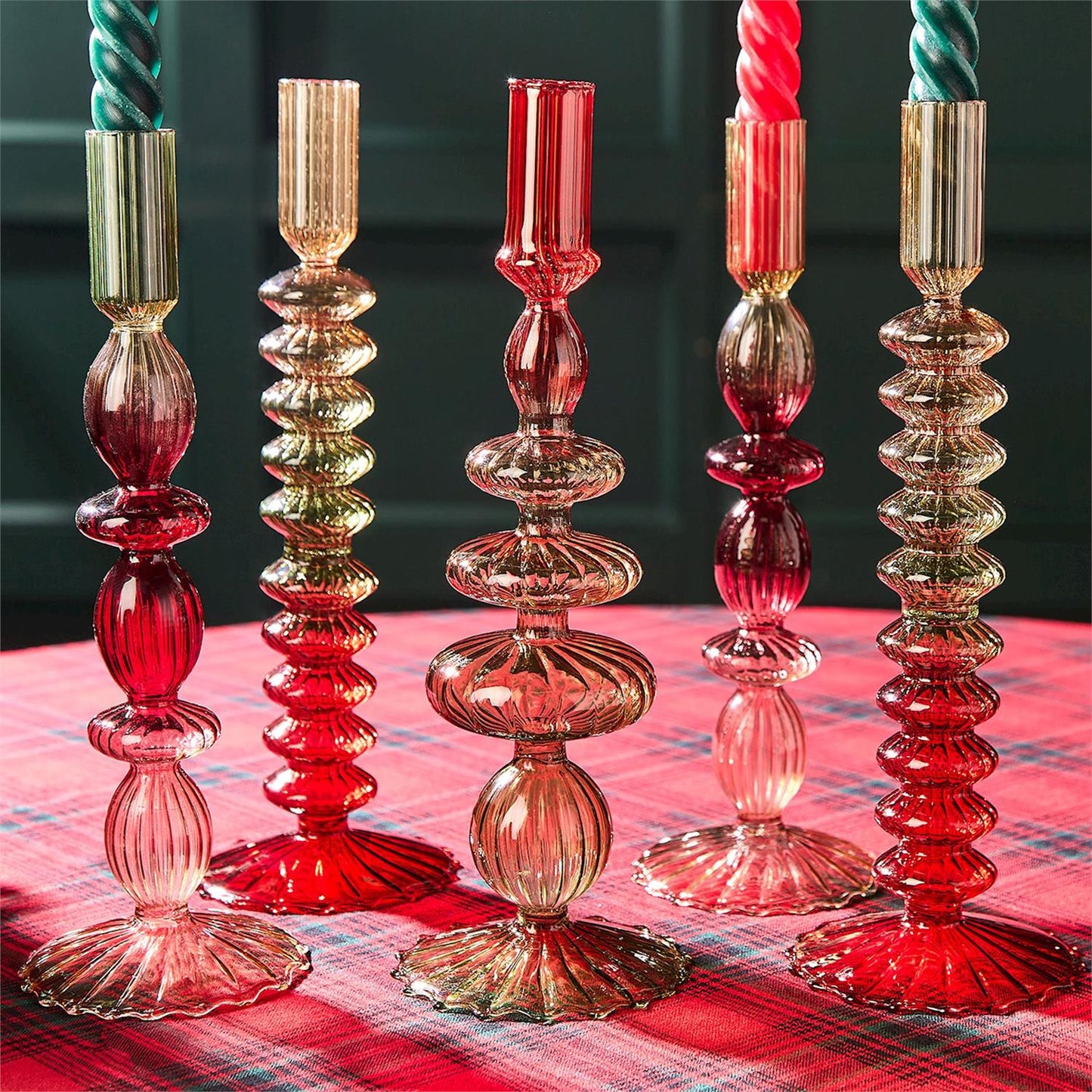 Set of 2 Holiday Ombre Hand-Blown Glass Candlesticks