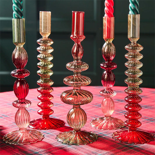 Set of 2 Holiday Ombre Hand-Blown Glass Candlesticks