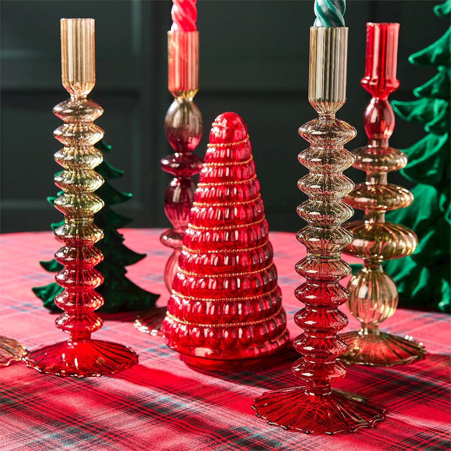 Set of 2 Holiday Ombre Hand-Blown Glass Candlesticks