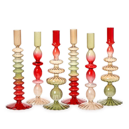 Set of 2 Holiday Ombre Hand-Blown Glass Candlesticks
