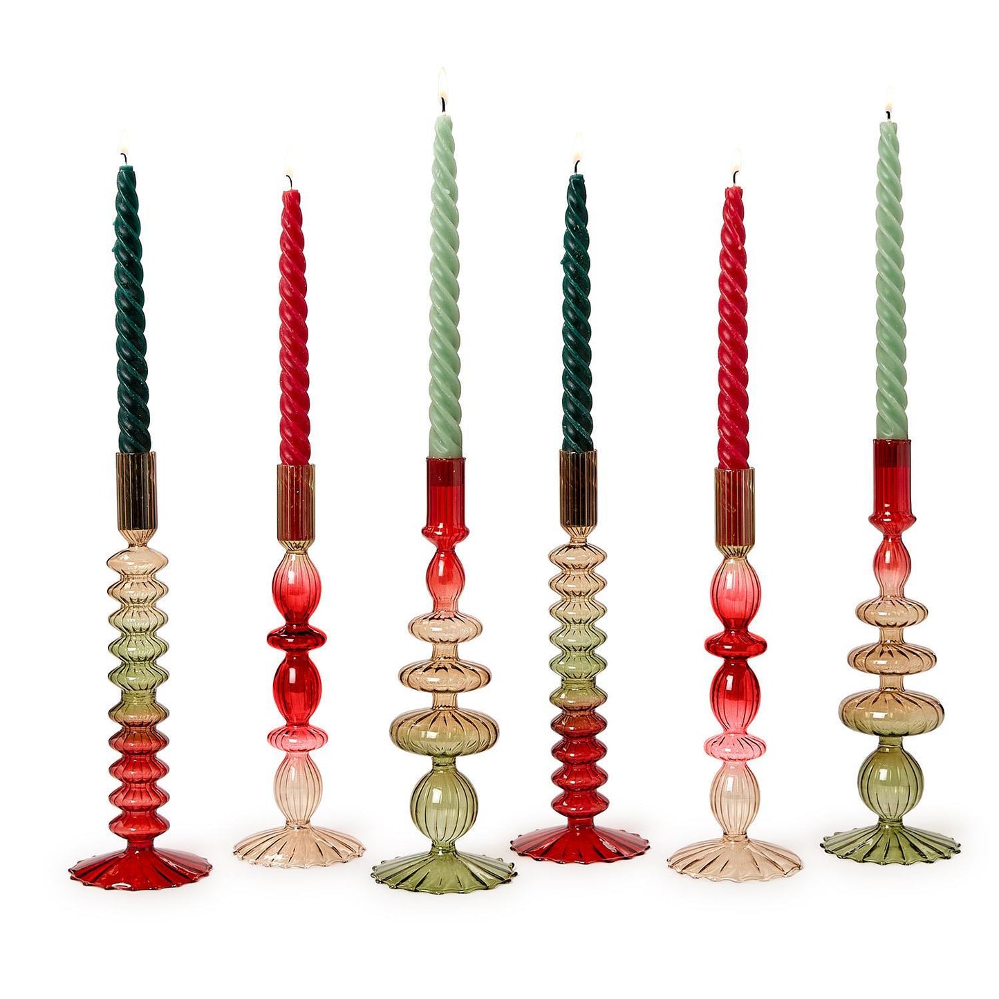 Set of 2 Holiday Ombre Hand-Blown Glass Candlesticks