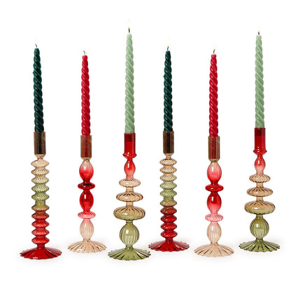 Set of 2 Holiday Ombre Hand-Blown Glass Candlesticks