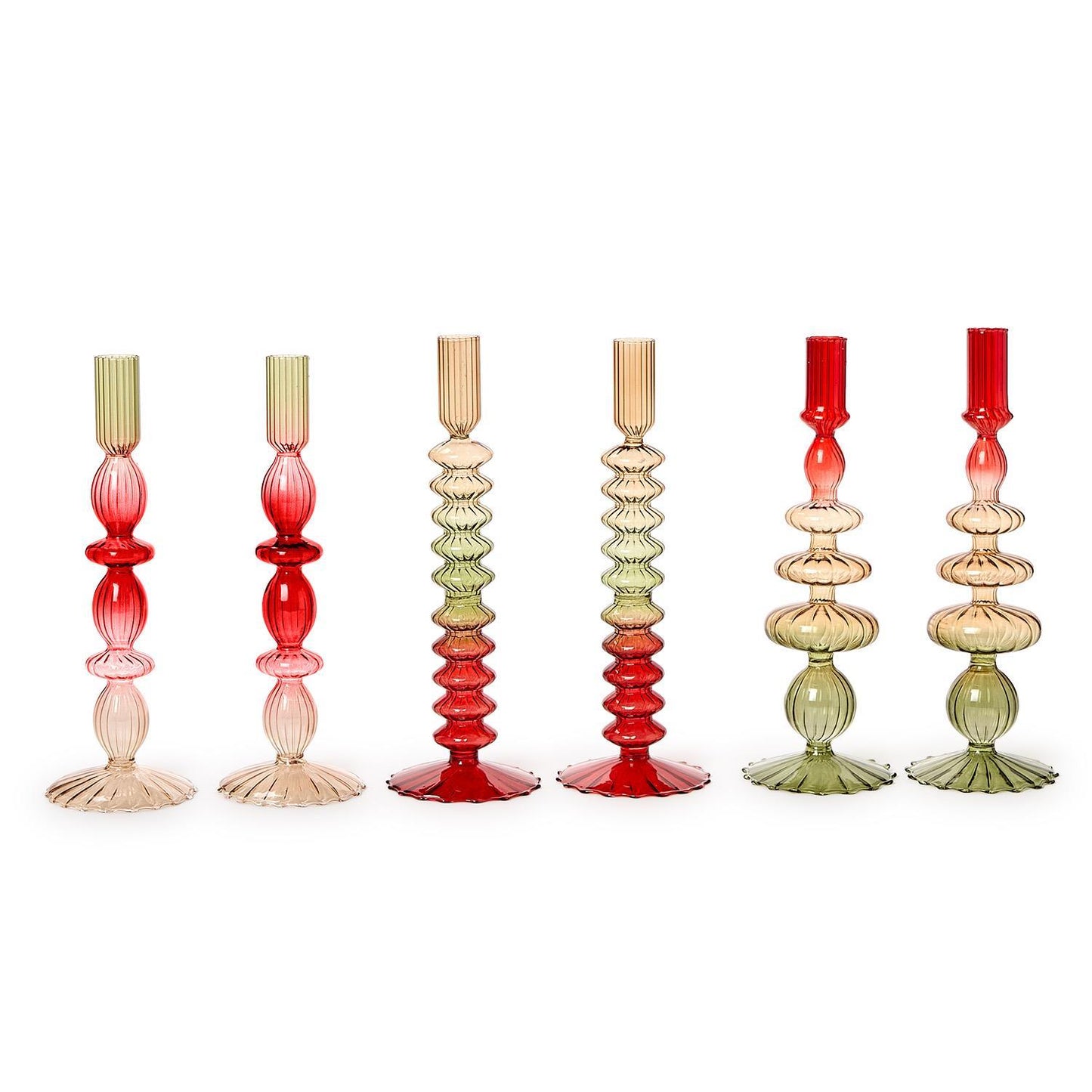Set of 2 Holiday Ombre Hand-Blown Glass Candlesticks