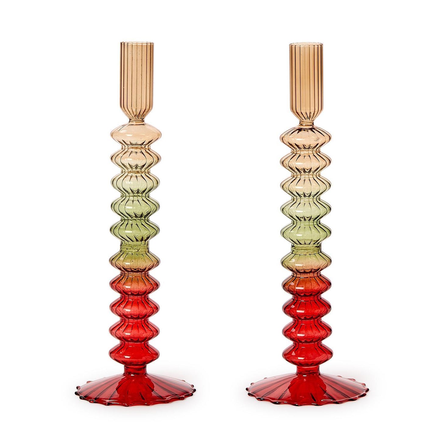 Set of 2 Holiday Ombre Hand-Blown Glass Candlesticks