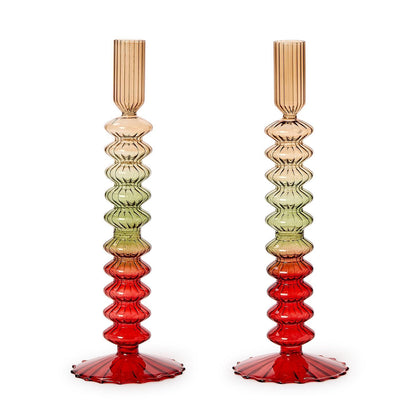 Set of 2 Holiday Ombre Hand-Blown Glass Candlesticks