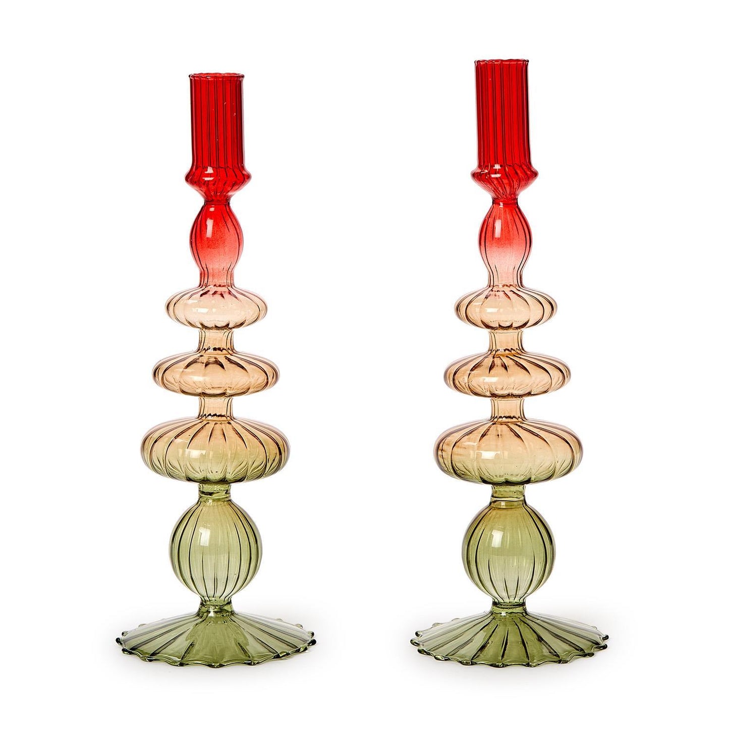 Set of 2 Holiday Ombre Hand-Blown Glass Candlesticks