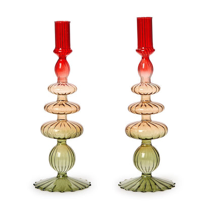 Set of 2 Holiday Ombre Hand-Blown Glass Candlesticks