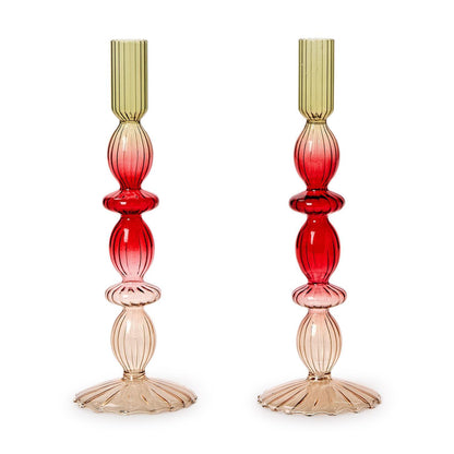 Set of 2 Holiday Ombre Hand-Blown Glass Candlesticks