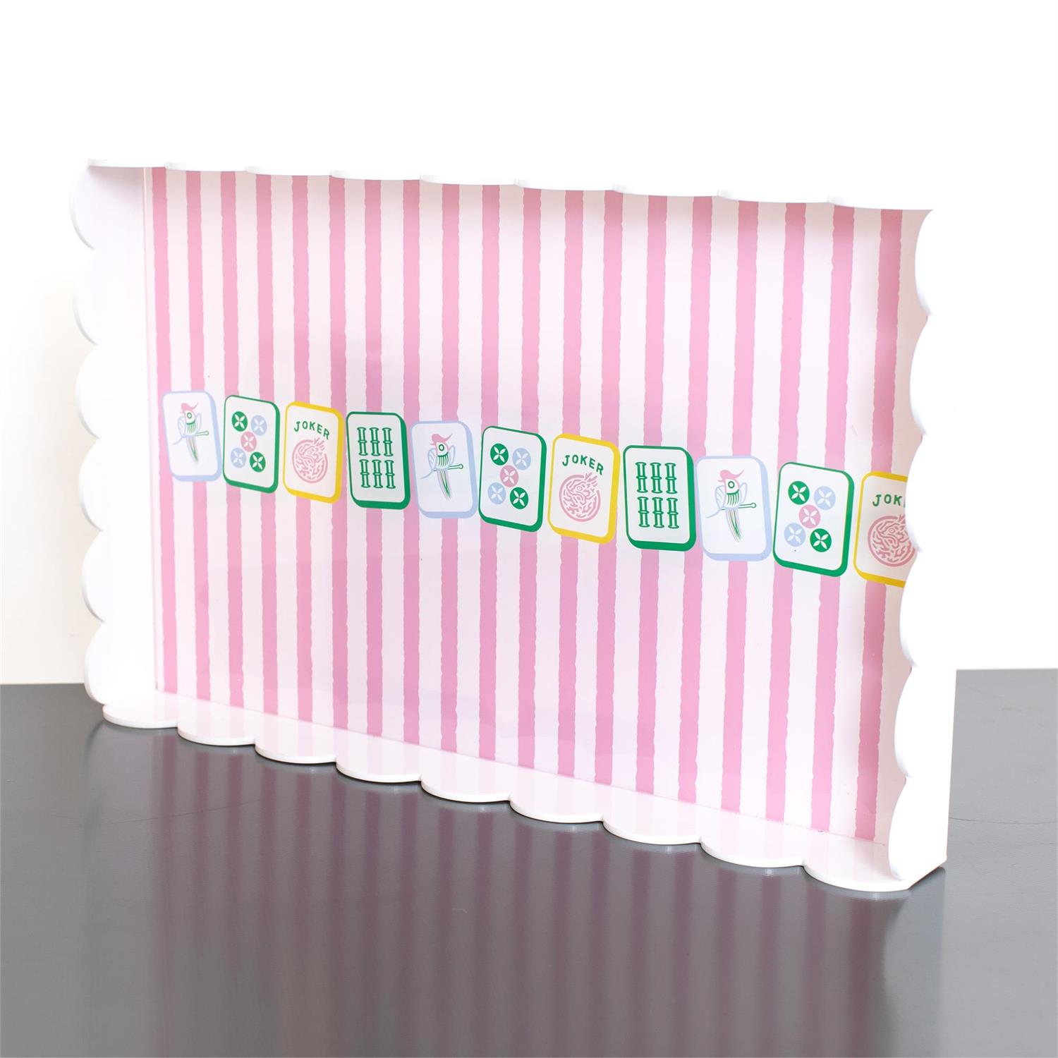 Audrey's Garden Party Mahjong Tray featuring a bright, colorful pattern in a spacious acrylic design measuring 19 inches wide.
