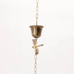 Eight-foot golden iron rain chain featuring decorative dragonflies, designed to guide rainwater while adding an elegant accent to porches and gardens.