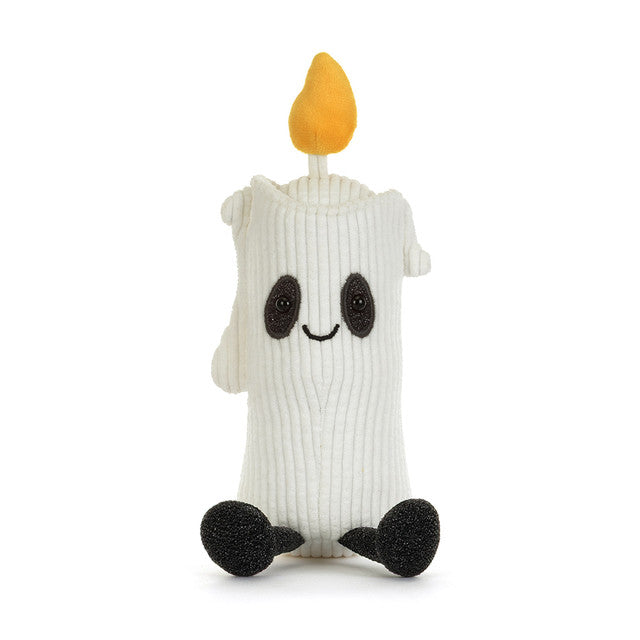 A cute ghost-shaped candle plush toy made from a white ribbed knit sock, featuring a yellow fabric candle flame on top, embroidered black eyes and mouth, and black textured feet, set against a plain white background.