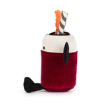 JellyCat Amuseables Vampop Drink plush featuring a red drink design, black vampire cape, embroidered smiling face, and signature cordy legs for a playful Halloween collectible.