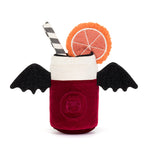 JellyCat Amuseables Vampop Drink plush featuring a red drink design, black vampire cape, embroidered smiling face, and signature cordy legs for a playful Halloween collectible.