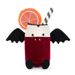 JellyCat Amuseables Vampop Drink plush featuring a red drink design, black vampire cape, embroidered smiling face, and signature cordy legs for a playful Halloween collectible.