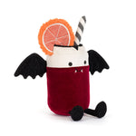 JellyCat Amuseables Vampop Drink plush featuring a red drink design, black vampire cape, embroidered smiling face, and signature cordy legs for a playful Halloween collectible.