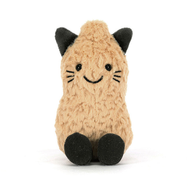 JellyCat Amuseables Peanut dressed in a black cat Halloween costume featuring pointed cat ears, soft plush details, a smiling embroidered face, and signature cordy legs.