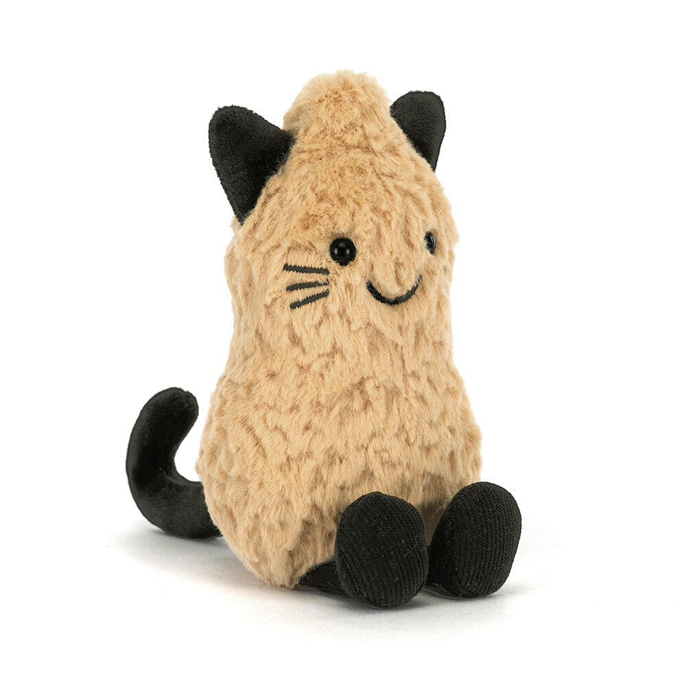 JellyCat Amuseables Peanut dressed in a black cat Halloween costume featuring pointed cat ears, soft plush details, a smiling embroidered face, and signature cordy legs.