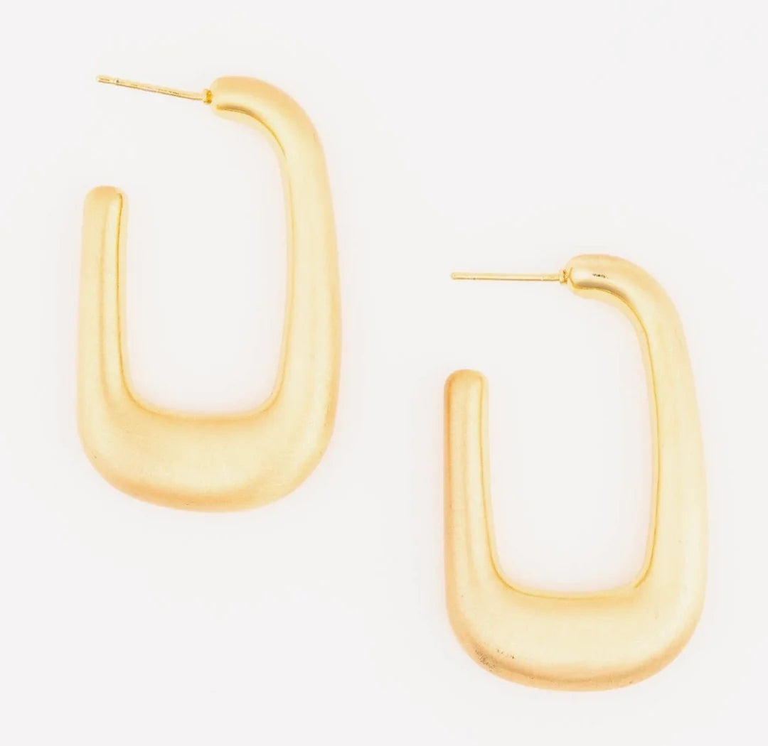 A pair of matte gold U-shaped hoop earrings with post backs, displayed on a clean white background.