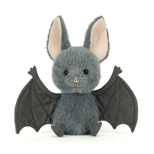 JellyCat Broox Bat plush featuring soft charcoal-grey fur, oversized ears, textured bat wings, and a sweet embroidered face, perfect for Halloween and fall.