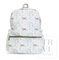 A white backpack with a green and brown nature print of deer, grass, and birds, featuring a green zipper on the front pocket and a green top handle, shown against a plain white background.