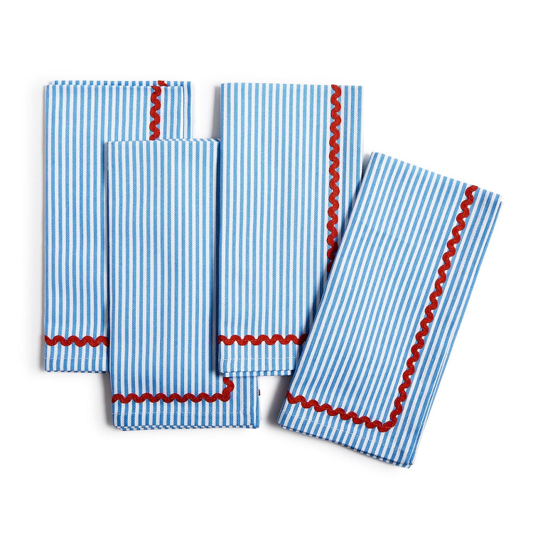 Blue Stripe w/Red Ric Rac Trim Cloth Dinner Napkins