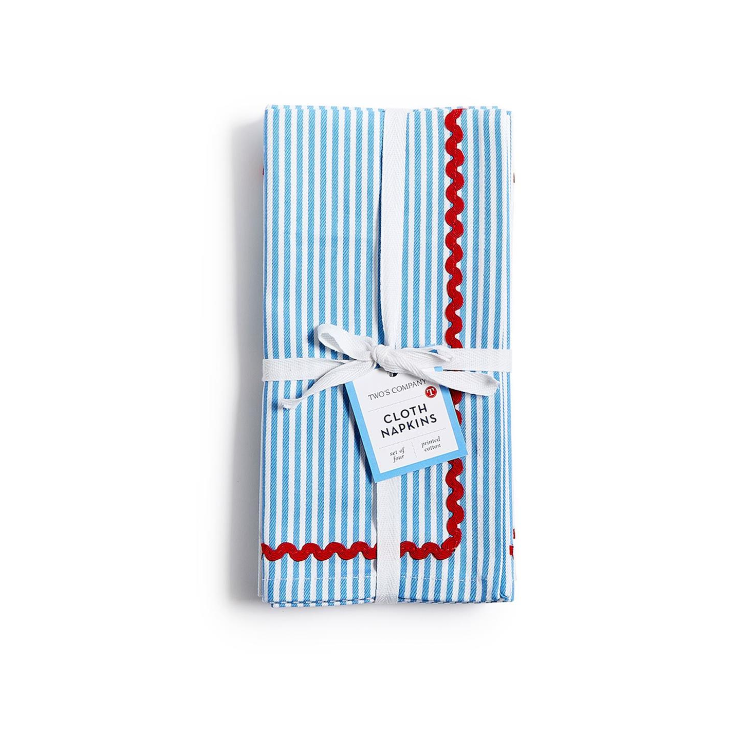 Blue Stripe w/Red Ric Rac Trim Cloth Dinner Napkins