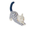 A ceramic figurine of a stretching cat in a white glaze, decorated with a blue floral pattern, featuring a dark blue tail and small gold eyes and nose.