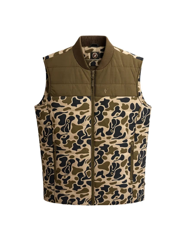 Men's Prairie Oaks Bomber Vest in Traditions Camo Olive featuring an allover camouflage pattern, full-zip front, sleeveless silhouette, and stand collar.