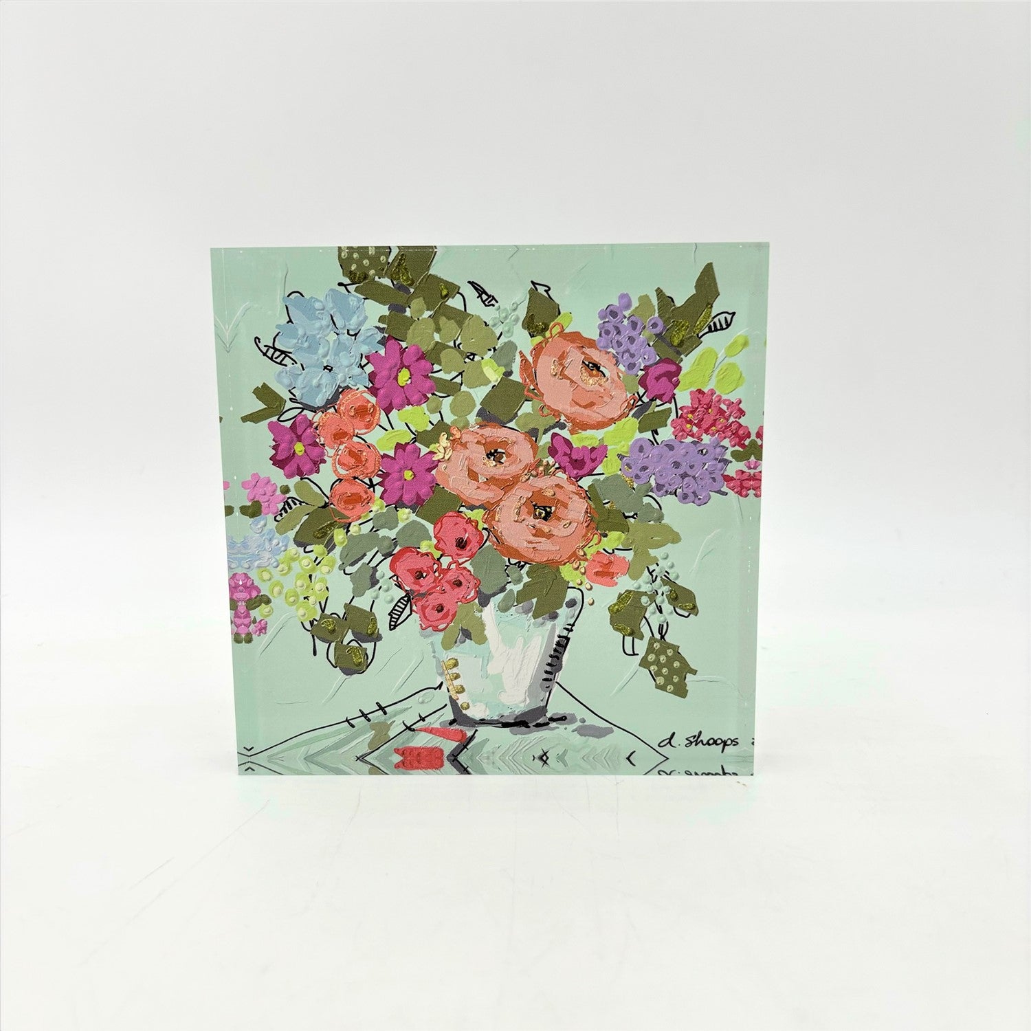 Bright Floral Arrangement on Blue Acrylic Block Sign