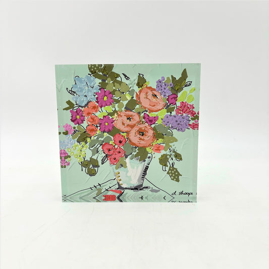 Bright Floral Arrangement on Blue Acrylic Block Sign