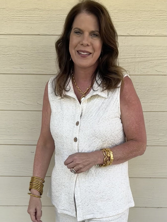 Puckered Knit Sleeveless Button Down Top