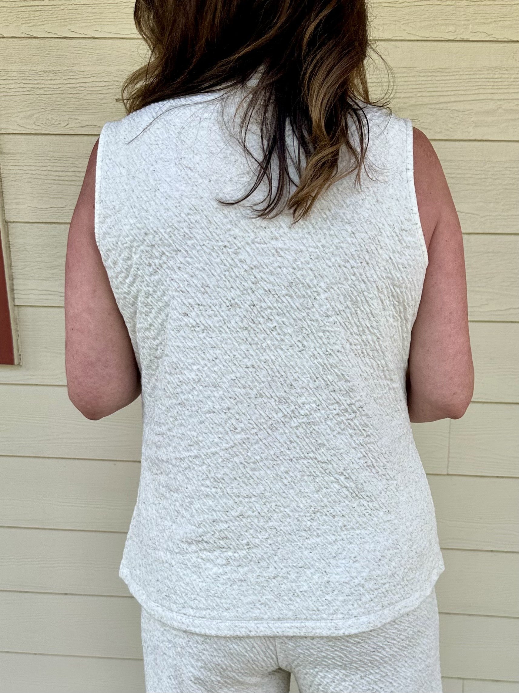 Puckered Knit Sleeveless Button Down Top