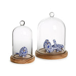 Two decorative birds under glass domes on wooden bases against a white background