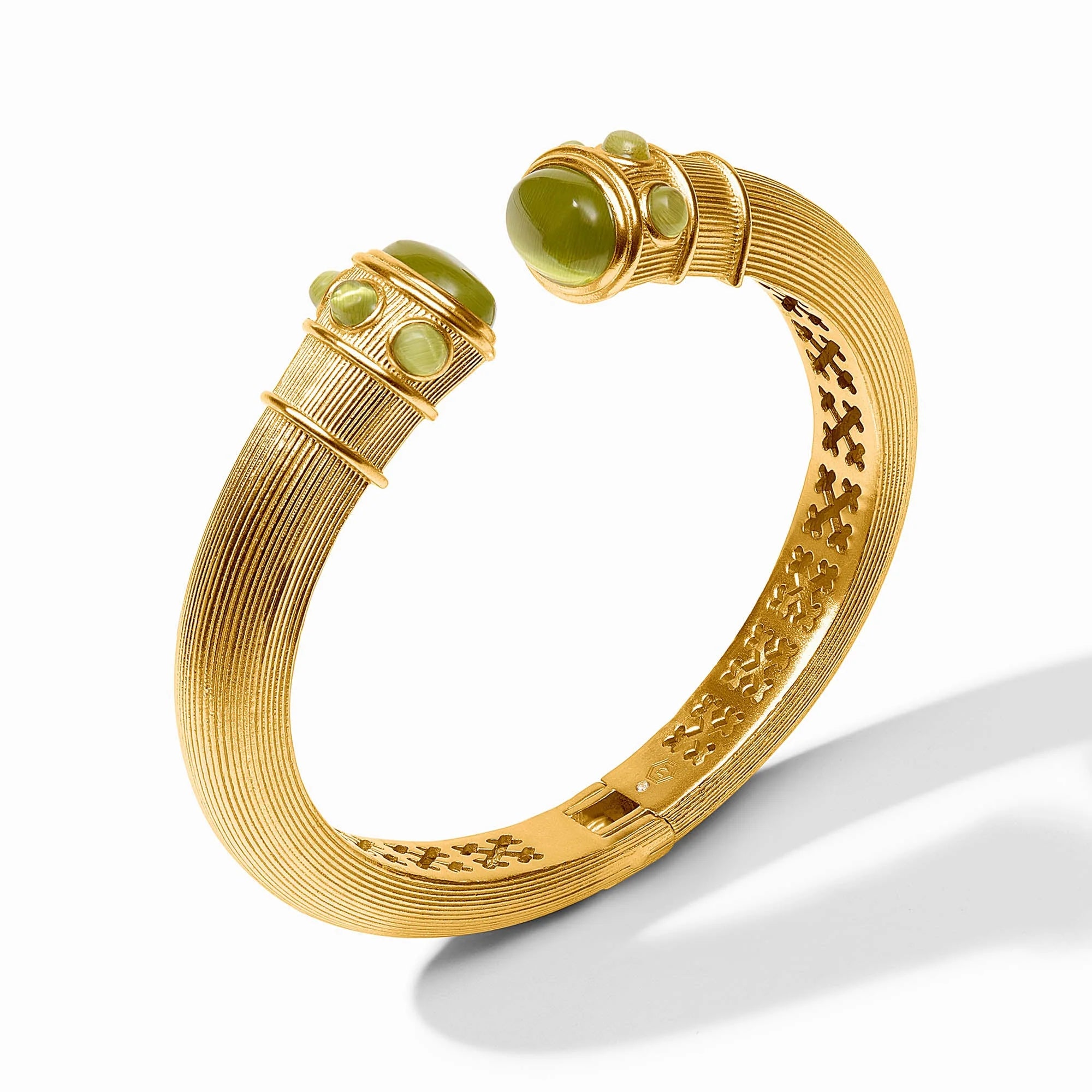 Julie Vos Cobblestone Demi Cuff in Green Cat's Eye featuring luminous green stones set in a sculptural 24K gold-plated design with a spring hinge closure.